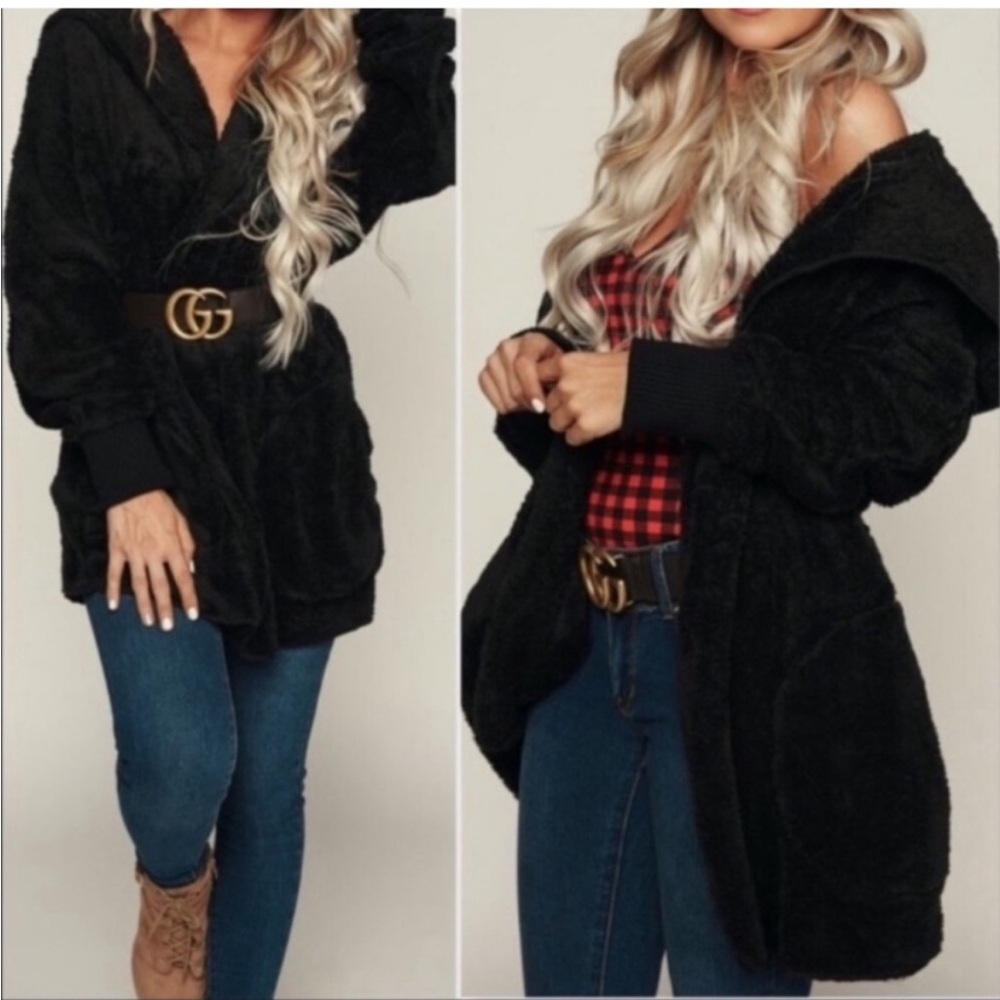 Women’s Cardigan Winter plush Open Front Fleece Hooded Draped Pockets